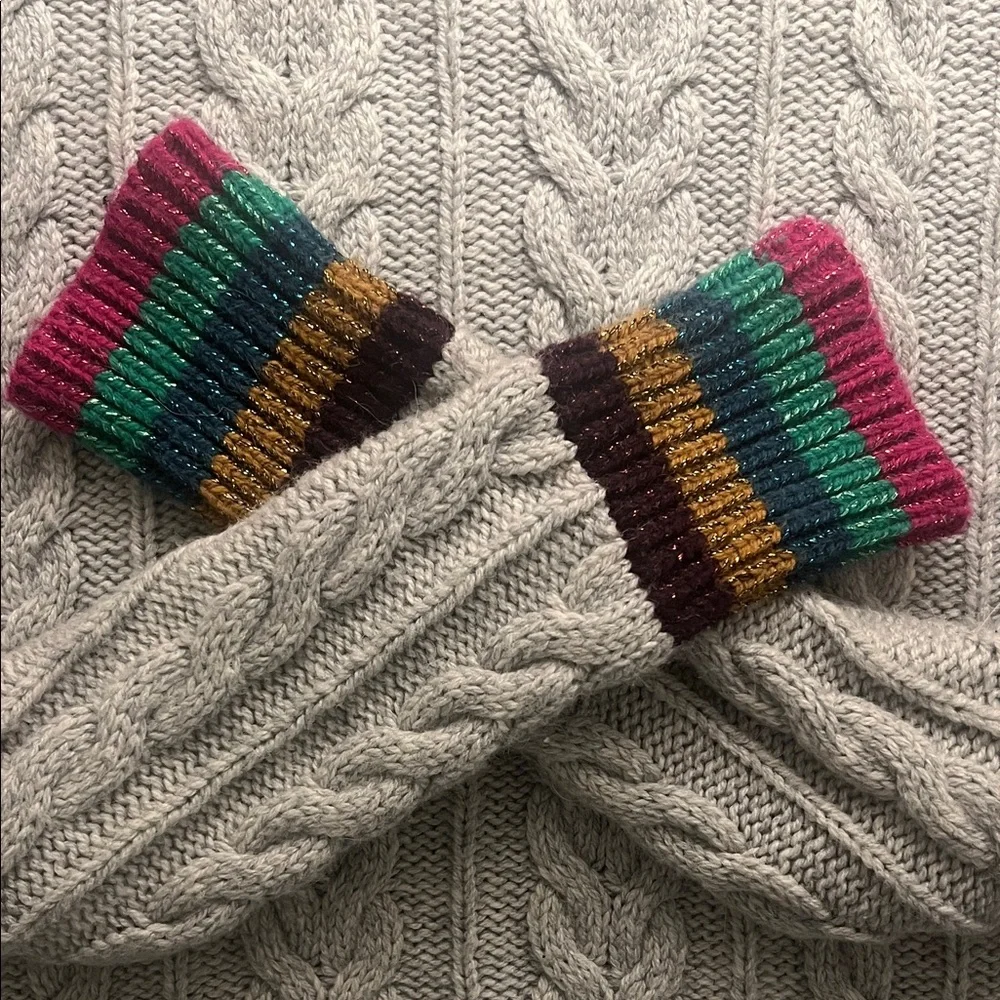 Boden Gray Cable Knit Turtleneck Sweater with Multicolor Cuffs - Picture 3 of 7